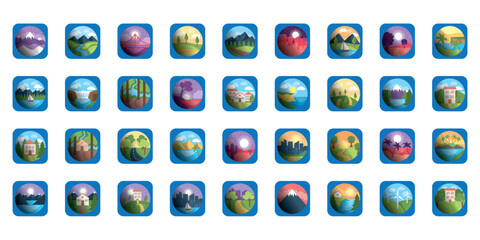 Set of vector icons of landscapes within a blue design