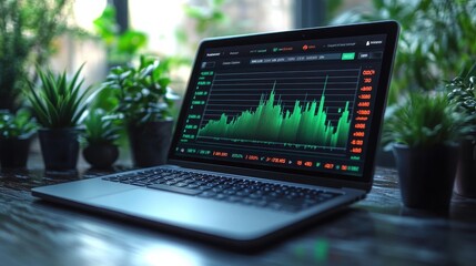 Laptop Displaying Stock Market Data with Green Plant Background
