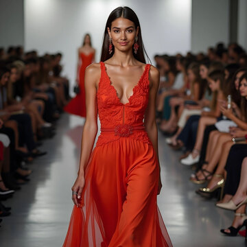 Retrato mujer modelo con un vestido rojo de encaje desfilando en una pasarela de moda