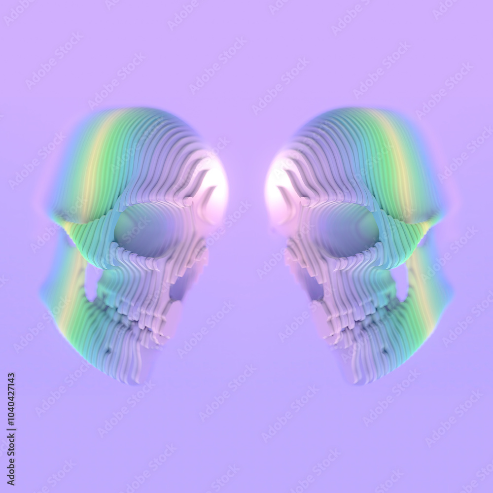 Poster fascinating 3d rendering digital illustration of layered rainbow skulls made up of colored stripes o