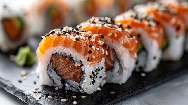Close-up of colorful sushi varieties like eel rolls and spicy tuna on a chic black plate, isolated on a white background