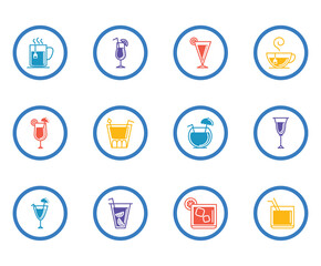 Vector icon set of glasses and liquor glasses inside a blue circle and white background