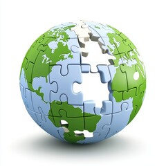 Globe puzzle pieces representing the Earth on a white background.