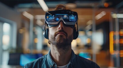 Professional interacting with an AR interface in an office, headset-equipped, managing marketing tasks