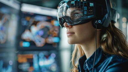 Professional interacting with an AR interface in an office, headset-equipped, managing marketing tasks