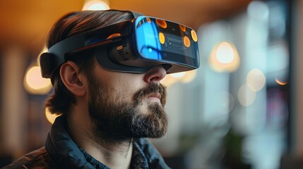 Professional interacting with an AR interface in an office, headset-equipped, managing marketing tasks