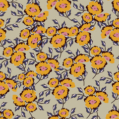 Seamless floral pattern, elegant ditsy print, abstract ornament with green blooming field in retro motif. Pretty botanical design: small hand drawn wild flowers, grass, leaves. Vector illustration.