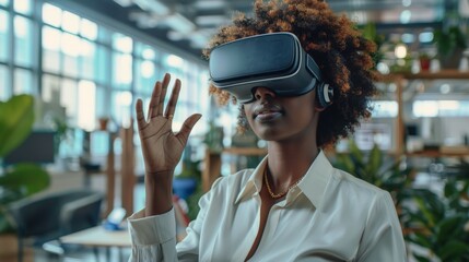 Professional interacting with an AR interface in an office, headset-equipped, managing marketing tasks