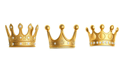 Three Elegant Golden Crowns Arranged on a Transparent Background Generative AI