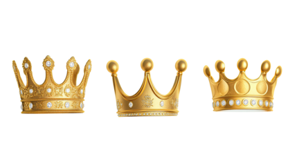 Three Elegant Golden Crowns Arranged on a Transparent Background Generative AI