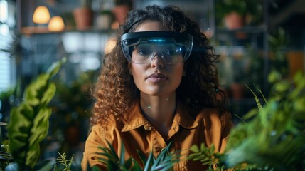 Professional interacting with an AR interface in an office, headset-equipped, managing marketing tasks