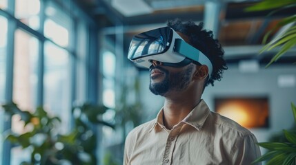 Professional interacting with an AR interface in an office, headset-equipped, managing marketing tasks