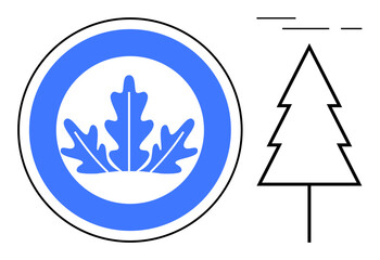 A blue and white circular emblem features prominent leaf shapes. Beside it, a minimalistic black and white outline of a tree stands tall. Ideal for nature themes, simplicity, logos, eco-friendly