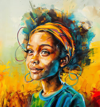a beautiful Jamaican woman, drawing and brushstrokes of colours