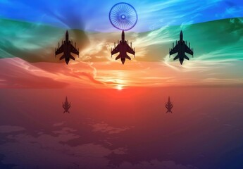 Indian Air Force Day. Indian jet air shows on background of sunset with transparent Indian flag. Commemorate Indian Air Force Day on October 8 in India