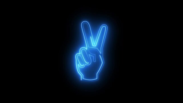 Neon V sign icon colorful animation black background. Glowing hand with two fingers in piece gesture.