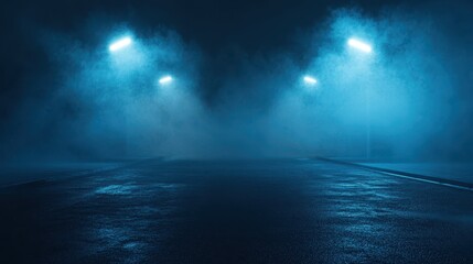 It is a dark empty street, dark blue background, an empty dark scene, neon light, spotlights, asphalt floor and studio room with smoke floating upward