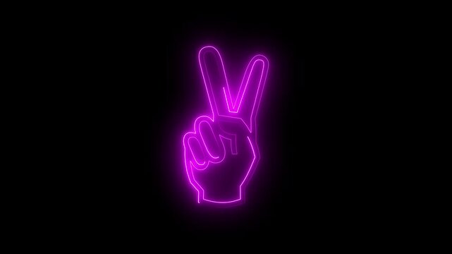 Neon V sign icon colorful animation black background. Glowing hand with two fingers in piece gesture.