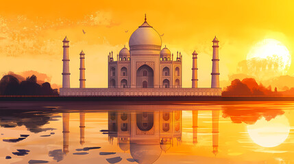Naklejka premium Taj mahal at sunset. Taj Mahal at Sunrise. Illustration