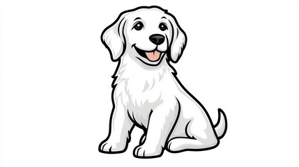 A cute white puppy sits with its tongue out and a happy expression.
