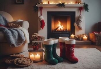 A Christmasdecorated living room with a fireplace and tree