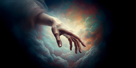 Obraz premium Hand Reaching Down from the Clouds, God From Above, Religious Image, Divine Intervention, Holy Colorful Graphic
