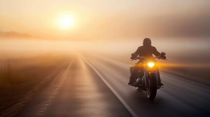Fog swirling around a motorcycle as the rider races down a deserted road at dawn, the sun faintly breaking through the haze