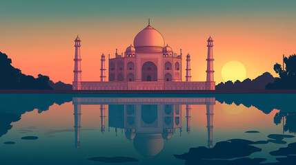 Poster illustration of the taj mahal at sunrise india with its iconic reflection in the calm waters. Taj Mahal at Sunrise. Illustration