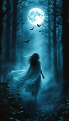 A ghostly woman walks through a haunted forest, illuminated by a full moon, with bats flying in the background.