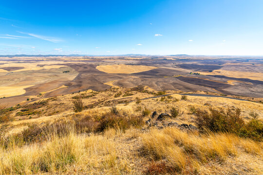 Panoramic views of the surrounding farmlands up to 200 miles away including Idaho, Oregon and Washington at the Steptoe Butte State Park Heritage Site Natural Landmark in Whitman, Washington, USA.