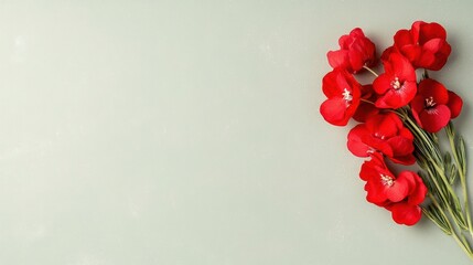 Red flowers on a pale green background, elegant and vibrant arrangement.