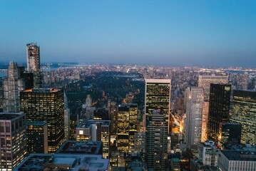 The city skyline is lit up at night