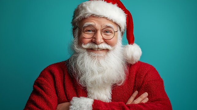 Santa claus smiling and posing on blue background