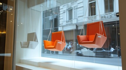 Three Modern Hanging Chairs Displayed in a Store Window