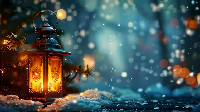 Video of lantern is lit in the snow, creating a warm and cozy atmosphere. The lantern is surrounded by pine branches, adding to the wintery theme. Christmas background