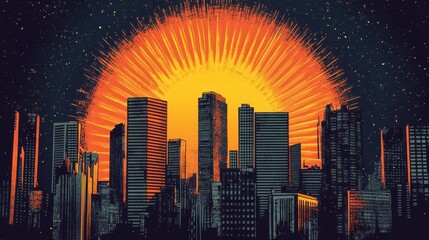 Obraz premium Downtown cityscape with orange yellow sun ray sun burst comic halftone retro design. Summer design. Dark night halloween theme. Generative AI