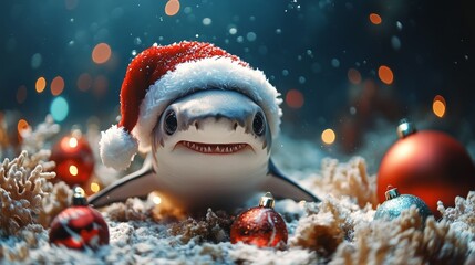 Baby shark wearing a Santa hat swims joyfully in a festive underwater Christmas scene