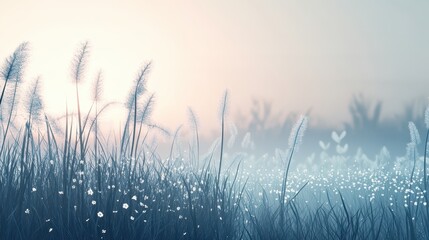 Obraz premium Blossoming grass with a gentle breeze against a misty sky in the morning. This image is calm and serene, with a straightforward zen tone. nature in pastel tones in spring. Generative AI