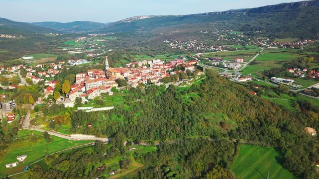 Aerial cinematic view of the ancient hill town of Buzet on the Istrian peninsula, Croatia
