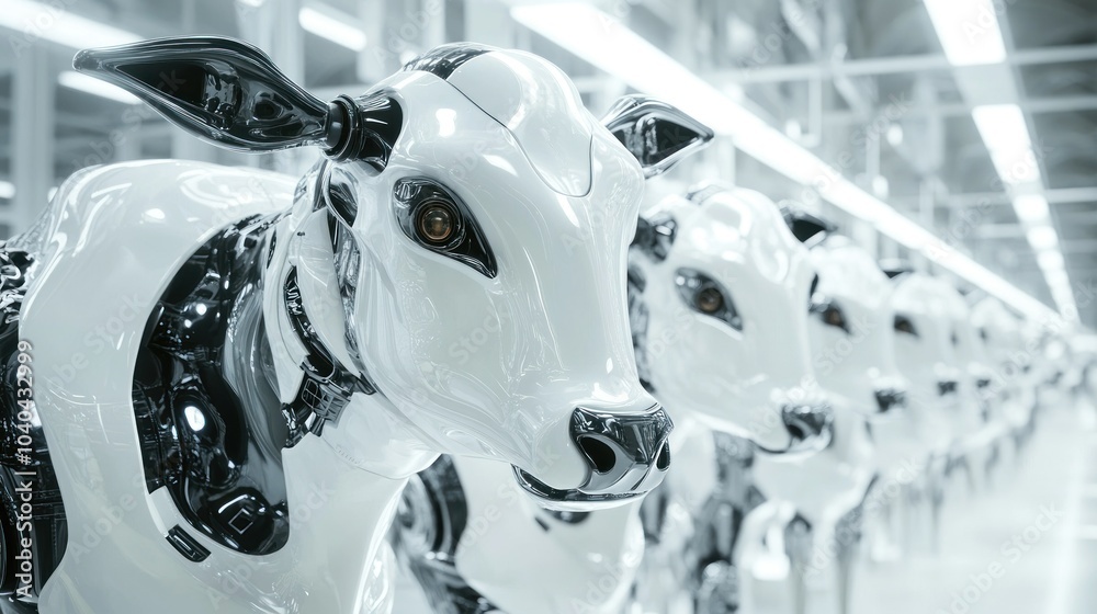 Poster close-up of a white robotic cow in a factory setting