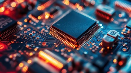 Close-Up of Technology Circuit Board with Lights