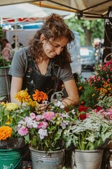 Florist Arranging Vibrant Bouquet at Outdoor Market for Cheerful Summer Display