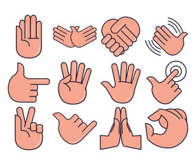 Vector icon set of hand signals on white background