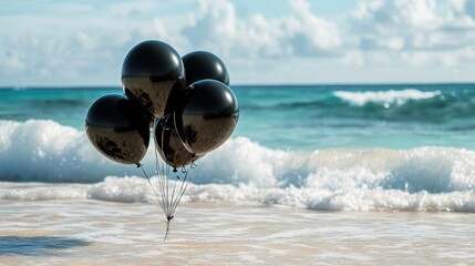 Black balloons in the sea waves in the tropics, Black Friday special offer for exotic vacation with a travel agency