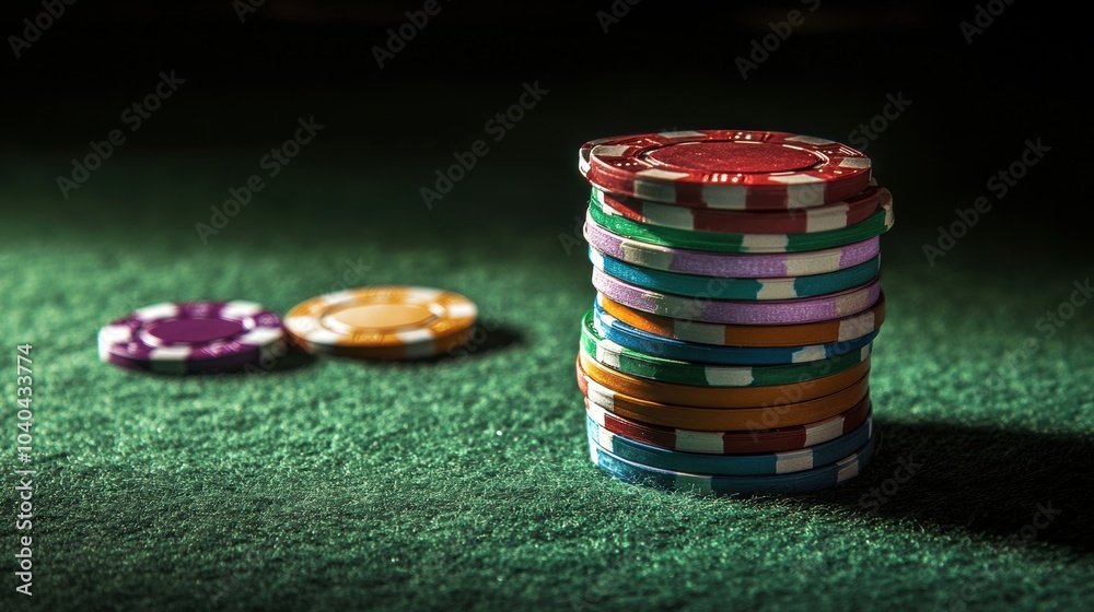 Aufkleber colorful casino chips are neatly stacked in a dimly lit room, inviting players to join in on the thr
