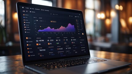 Laptop Displaying Cryptocurrency Data in a Modern Cafe Setting
