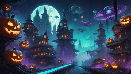 Obraz premium haunted town with illuminated gothic houses with pumpkins, bats flying with full moon. surroundings gives Halloween feeling or fantasy atmosphere.