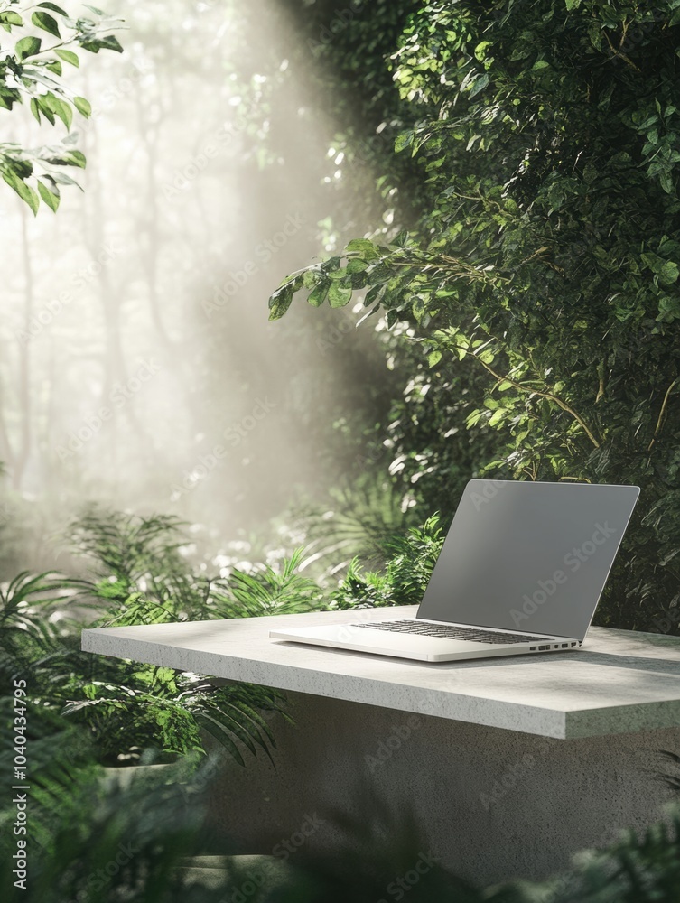 Poster A sleek laptop rests on a simple table, encompassed by vibrant foliage, illuminated by soft, natural light filtering through trees. Generative AI