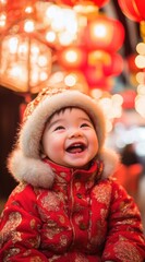 A joyful child in a traditional attire, smiling widely during a Chinese new year celebration with vibrant red lanterns in the background.