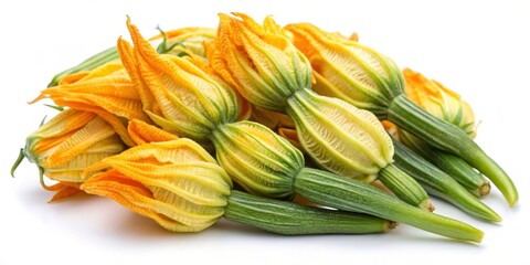 A Bunch of Fresh Yellow Zucchini Flowers with Green Stems Isolated on White, Zucchini Flower, Zucchini, Vegetable, Summer Squash, Vegetable Gardening